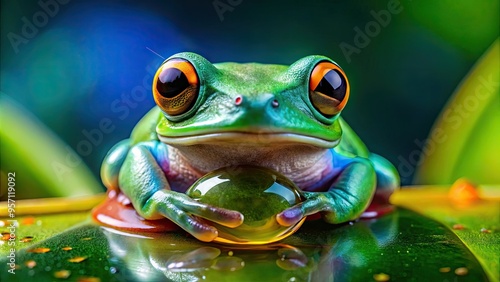 Vibrant green frog eye stared straight ahead, tiny black pupil centered in iridescent orb, surrounded by delicate eyelids and intricate patterns on translucent skin. photo