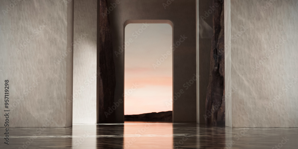 Surreal Beautiful Dream land background and podium. Abstract Dune landscape with geometric arch. Fantasy island scenery natural cloudy sky. Rock clay stone arch. 3d render Surreal Beautiful Dream land background and podium. Abstract Dune landscape with geometric arch. Fantasy island scenery natural cloudy sky. Rock clay stone arch. 3d render