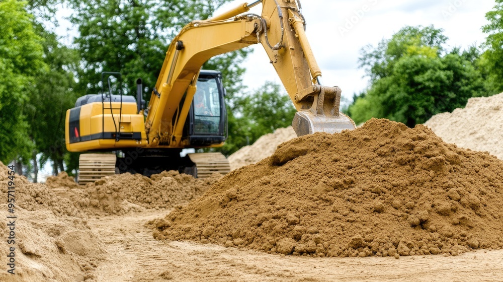 A yellow excavator is actively moving sand and gravel, while workers in safety gear monitor the construction site and surroundings near an industrial building A yellow excavator is actively moving sand and gravel, while workers in safety gear monitor the construction site and surroundings near an industrial building