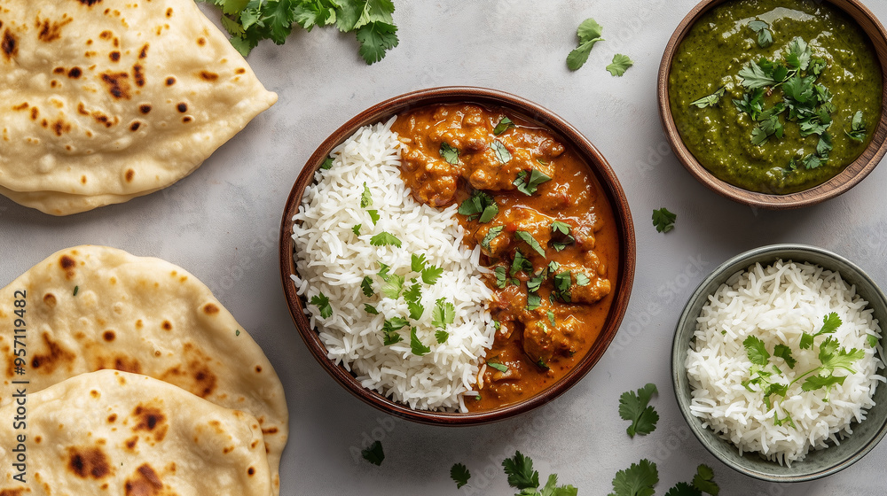 flat lay of a curry dish with rice flat lay of a curry dish with rice