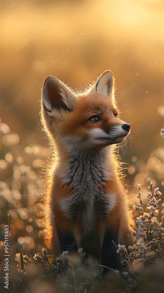 Obraz premium Young red fox sitting in grass at sunset