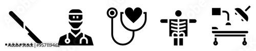 Surgery icon set. Surgical operation, medicine. Scalpel, surgeon, stethoscope, X-ray, operating room. Solid icons. Vector illustration