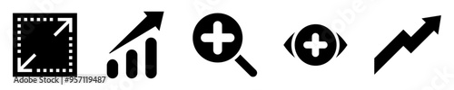 Increase icon set. Enlarge. Expand screen, growth chart, zoom-in magnifier, increase view, growing arrow. Solid icons. Vector illustration