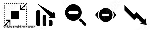 Decrease icon set. Reduce screen, downward graph, zoom-out magnifier, minimize view, decrease arrow. Solid icons. Vector illustration