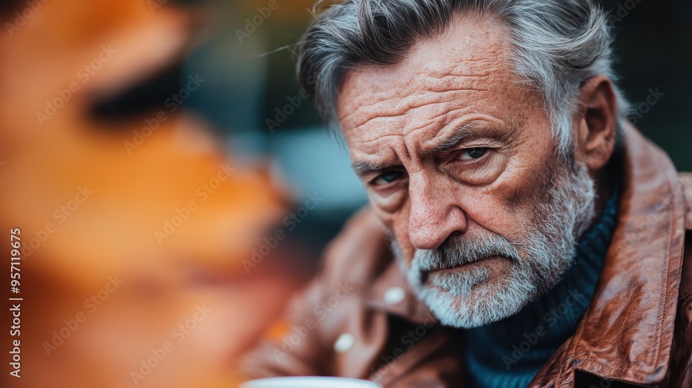 An individual with gray hair, wearing a brown leather jacket, enjoys a hot drink while sitting outside on a cool day, highlighted by colorful autumn leaves. An individual with gray hair, wearing a brown leather jacket, enjoys a hot drink while sitting outside on a cool day, highlighted by colorful autumn leaves.