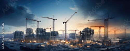 A panoramic view of a bustling construction site lit up at twilight, symbolizing development and progress.