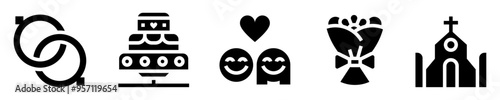 Wedding icon set. Ceremony, marital union. Rings, cake, bride and groom, love, bouquet, church. Solid icons. Vector illustration