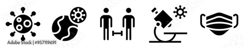 Epidemiology icon set. Global pandemic. Virus, infected planet, social distancing, scientific research, mask. Solid icons. Vector illustration