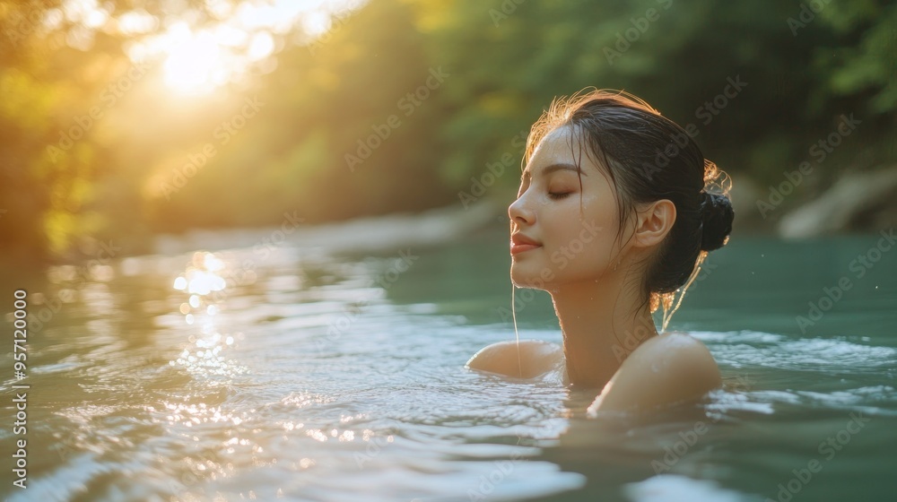 Fototapeta premium A beautiful Asian woman bathes in a river with clear water for relaxation background wallpaper AI generated image