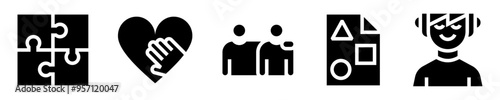 Autism icon set. Psychological disorder. Puzzle, hand on heart, help, hug, autistic person, pictogram sheet. Solid icons. Vector illustration