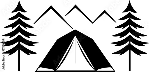 A black and white drawing of a tent and two trees. The tent is pitched in front of a mountain range