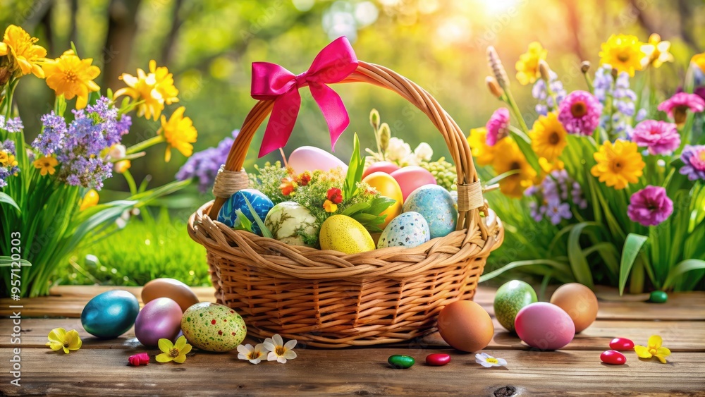 Vibrant spring flowers and lush greenery surround a wicker basket filled with colorful eggs, candies, and ribbons, evoking a festive Easter celebration atmosphere. Vibrant spring flowers and lush greenery surround a wicker basket filled with colorful eggs, candies, and ribbons, evoking a festive Easter celebration atmosphere.