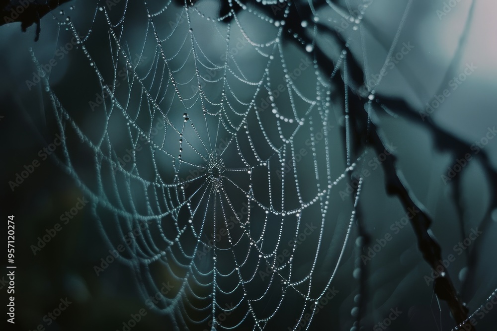 A beautifully symmetrical spider web covered in dew droplets, set against a softly blurred, moody background, capturing the ethereal beauty of nature. A beautifully symmetrical spider web covered in dew droplets, set against a softly blurred, moody background, capturing the ethereal beauty of nature.