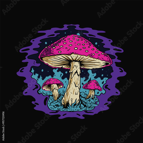 illustration of 3 mushrooms with bright and psychedelic colors