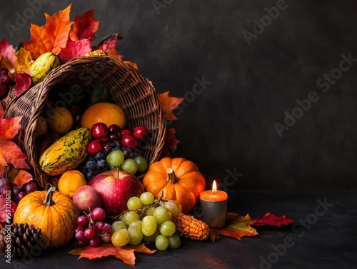 A Thanksgiving cornucopia filled with vibrant produce, surrounded by glowing candles and fall leaves, symbolizing gratitude and abundance