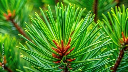 Vibrant green pine needleclose-up reveals intricate textures, ridges, and veins on a single needle, showcasing nature's intricate details in a soft, natural, and earthy tone. photo