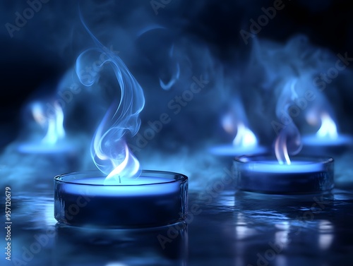 Elegant blue candle flame in a dark setting, creating a serene and calming ambiance with soft smoke swirling.