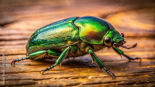 Vibrant green scarab beetle with intricate details and textures, perched on a worn wooden surface, illuminated by soft, warm light, evoking ancient Egyptian mysticism.