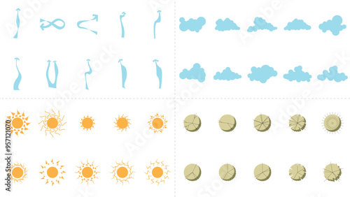 architecture site analysis symbol icon element drawing graphic flat isolated vector. architecture element line sun wind sound sun path vegetation.