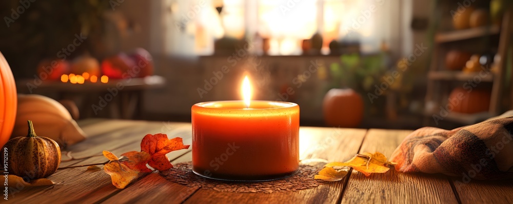 Cozy candle on a wooden table surrounded by autumn decor, perfect for creating a warm atmosphere in any setting. Cozy candle on a wooden table surrounded by autumn decor, perfect for creating a warm atmosphere in any setting.