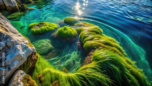 Vibrant green threads of macro algae spiral upwards from a cracked stone surface, illuminated by soft sunlight filtering through calm turquoise water. photo