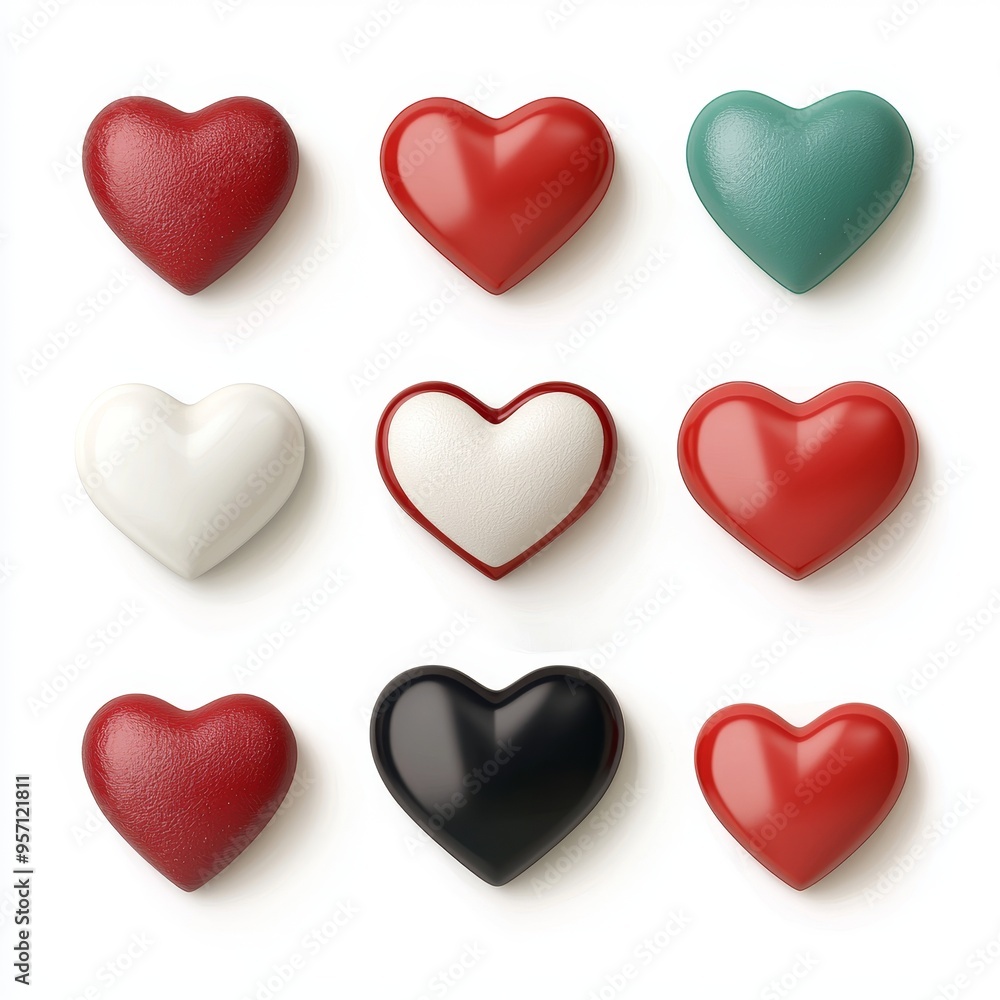 Assorted hearts collection, glossy and textured finishes, 3D illustration Assorted hearts collection, glossy and textured finishes, 3D illustration