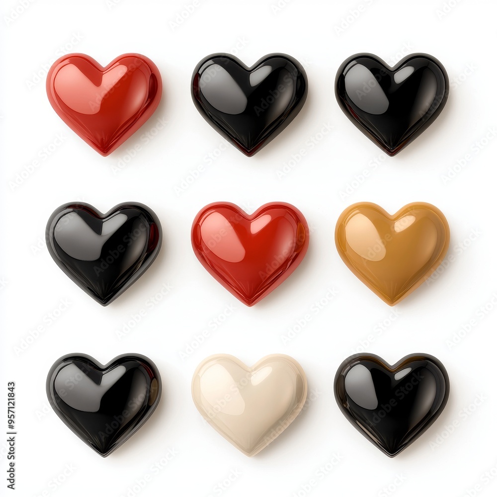 Assorted hearts collection, glossy and textured finishes, 3D illustration Assorted hearts collection, glossy and textured finishes, 3D illustration
