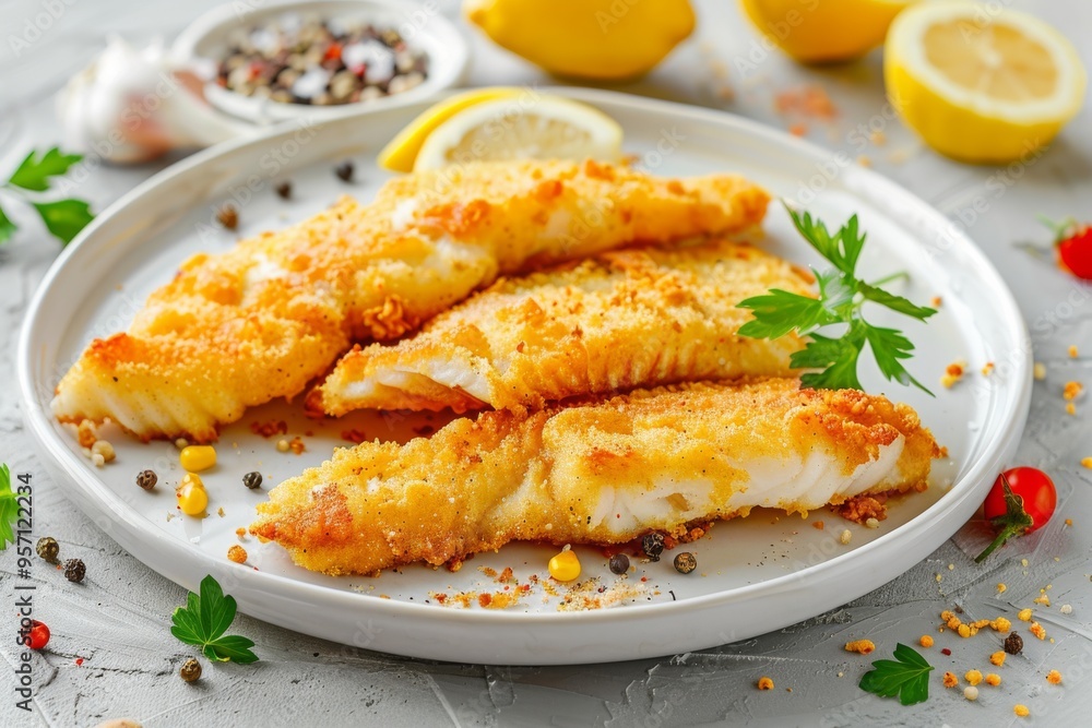 Crispy, golden-brown fish fillets are beautifully plated with herbs and lemon slices, capturing a sense of culinary expertise and deliciousness. Crispy, golden-brown fish fillets are beautifully plated with herbs and lemon slices, capturing a sense of culinary expertise and deliciousness.