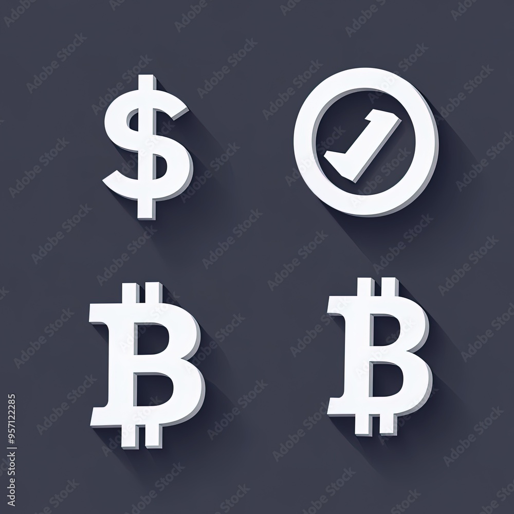 Bitcoin and dollar currency symbols with check mark icon Bitcoin and dollar currency symbols with check mark icon