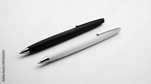 Two sleek classic ballpoint pens, one with a black grip and the other with a white grip, placed on a pure white surface 