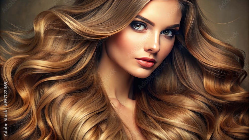 Vibrant, healthy locks cascade downwards in soft, luscious waves, showcasing subtle highlights and warm, natural tones in an intimate, detailed close-up portrait of human hair. Vibrant, healthy locks cascade downwards in soft, luscious waves, showcasing subtle highlights and warm, natural tones in an intimate, detailed close-up portrait of human hair.