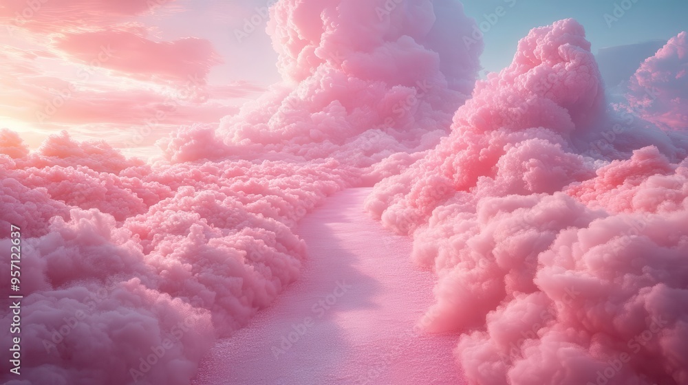 whimsical fabric road winding through cotton candy clouds soft pastel hues and fluffy textures create a dreamlike landscape whimsical fabric road winding through cotton candy clouds soft pastel hues and fluffy textures create a dreamlike landscape
