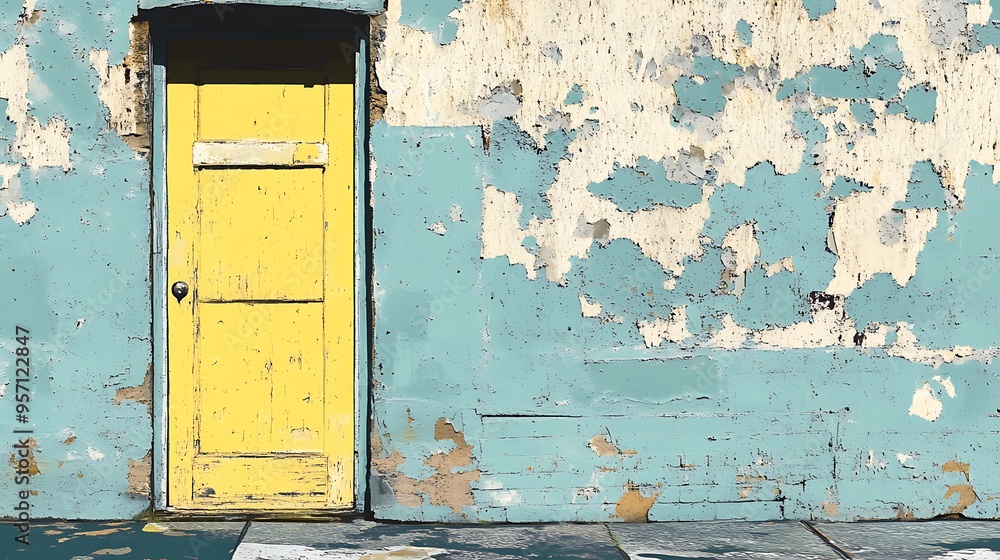 Naklejka premium A weathered, peeling blue wall with a yellow wooden door.