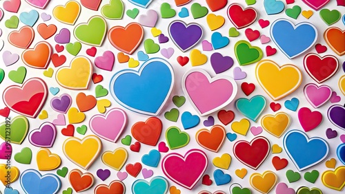 Vibrant heart-shaped decals in various colors and sizes scattered across a white background, creating a playful and romantic atmosphere perfect for Valentine's Day or love-themed designs.