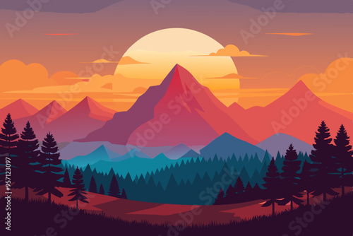 Serene Summer Sunset Over Mountain Vector Design
