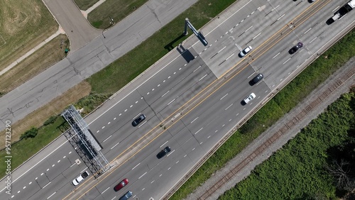 Photography Traffic with cars and truck traveling on interstate highway through Buffalo, New