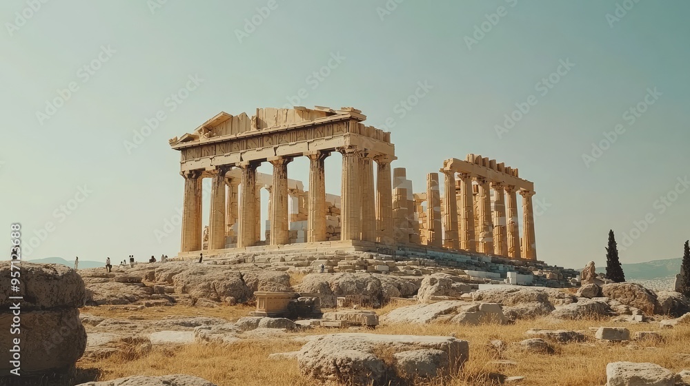 Fototapeta premium The ancient Acropolis in Athens, Greece, standing majestically against a clear sky, with no visitors to disturb its timeless