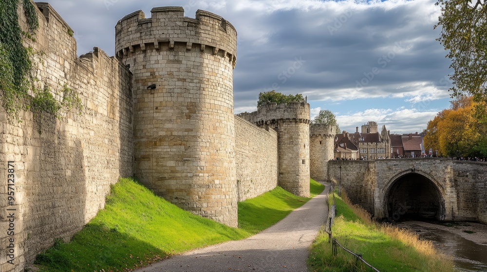 The ancient city walls of York, England, with historic towers and gates, photographed without any The ancient city walls of York, England, with historic towers and gates, photographed without any