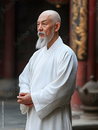 A Taoist master in white robes, with a bald head and gray beard, stands with his hands clasped behind him against the backdrop of an ancient temple in China.