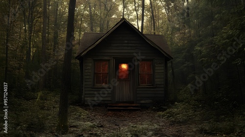 Mystical Cabin in the Woods with Glowing Windows