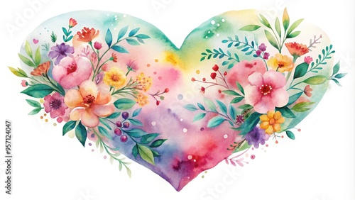 Vibrant heart-shaped watercolor design with soft, blended edges and intricate details, set against a clean white background, evoking a sense of romantic whimsy and tender love.