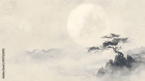 Ethereal Chinese Landscape Painting with Misty Mountains and Crescent Moon