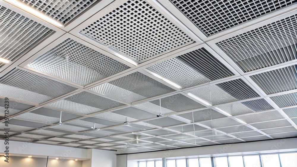 Suspension ceiling comprising white acoustic tiles and metal grids ...