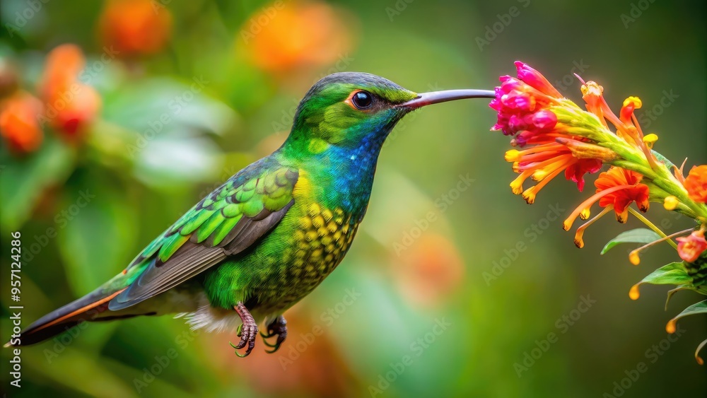 Vibrant hummingbird sips nectar from a blooming flower in a lush, protected rainforest habitat, highlighting the importance of preserving biodiversity and ecosystems. Vibrant hummingbird sips nectar from a blooming flower in a lush, protected rainforest habitat, highlighting the importance of preserving biodiversity and ecosystems.
