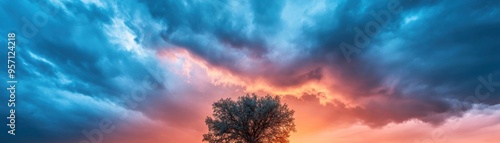 Sun setting behind storm clouds with dramatic colors, mixed weather, intense light