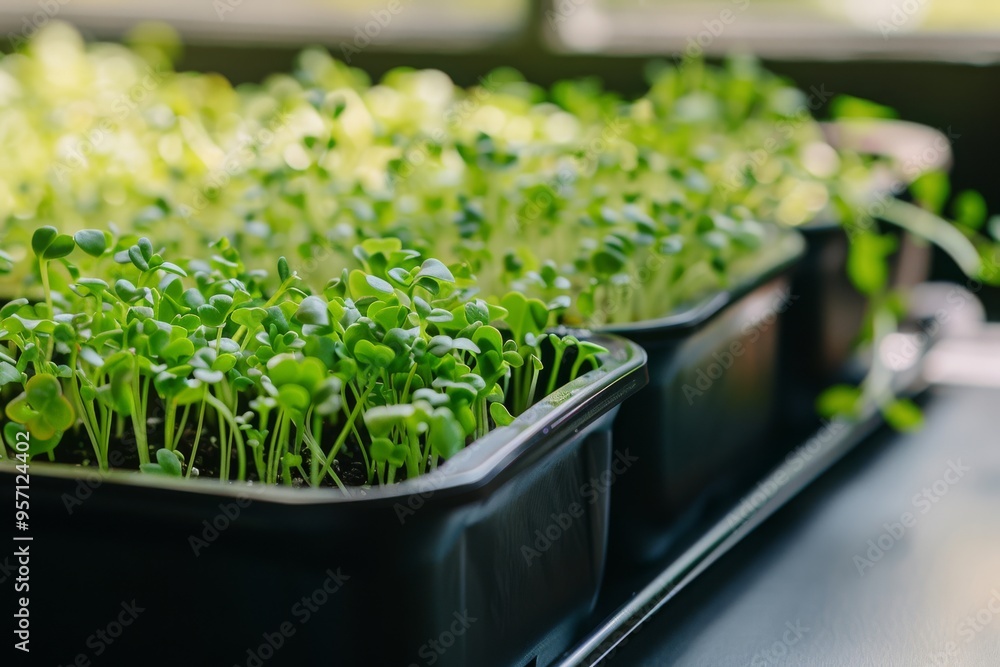 Trays of young seedlings basking in soft sunlight, capturing the essence of growth, nurture, and the promise of a thriving garden. Trays of young seedlings basking in soft sunlight, capturing the essence of growth, nurture, and the promise of a thriving garden.