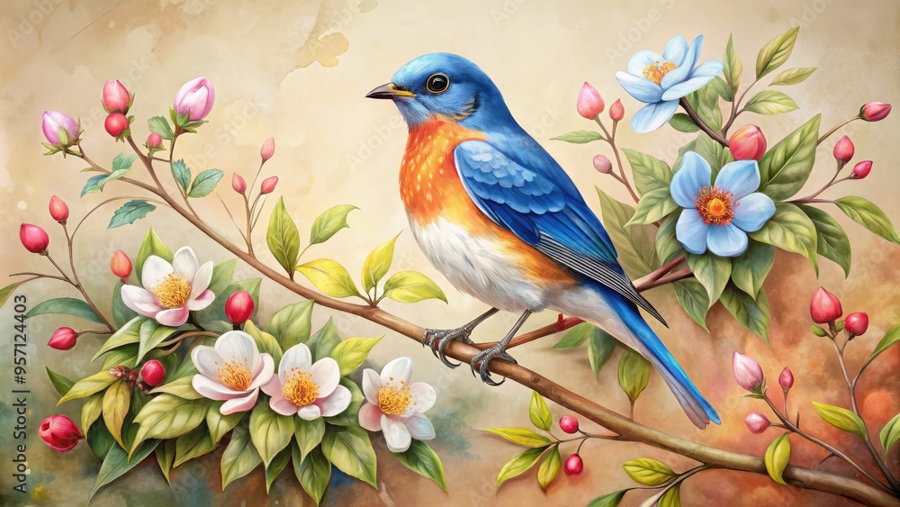 Vibrant illustration of a bluebird perched on a delicate branch, surrounded by intricate flowers and leaves, set against a soft, creamy background. Vibrant illustration of a bluebird perched on a delicate branch, surrounded by intricate flowers and leaves, set against a soft, creamy background.