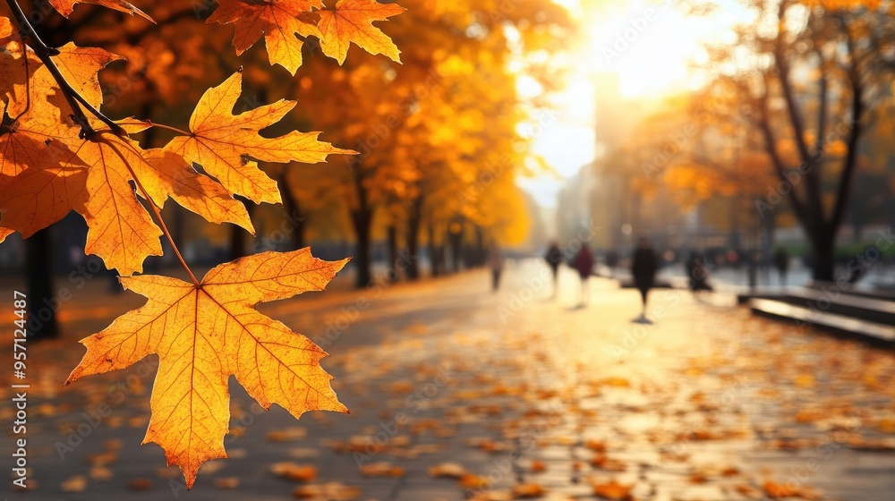 Golden yellow leaves stand out in a park as people leisurely stroll along a blurred pathway, enjoying a beautiful autumn day in nature Golden yellow leaves stand out in a park as people leisurely stroll along a blurred pathway, enjoying a beautiful autumn day in nature