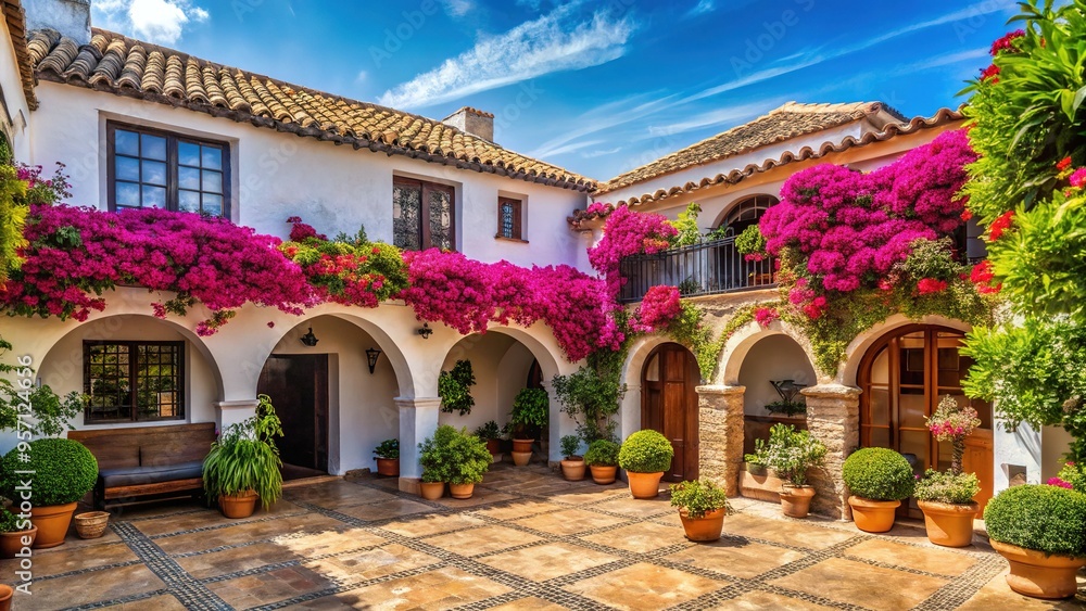 Fototapeta premium Sweeping Spanish villa boasts elegant arched windows, terracotta tiles, and a tranquil courtyard alive with vibrant bougainvillea's splashes of color.