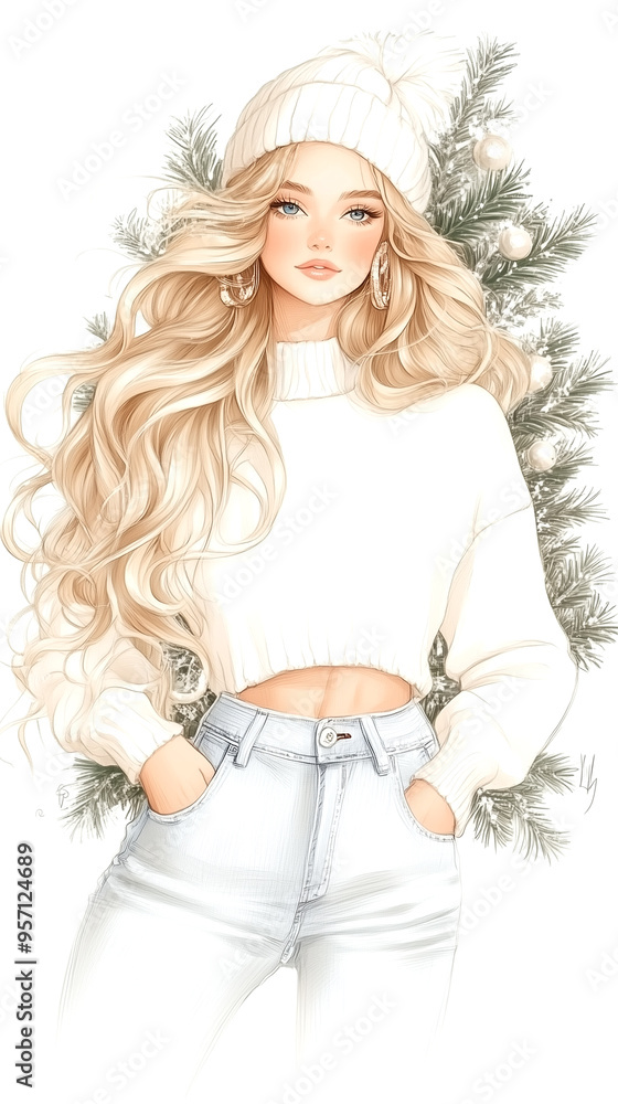 A woman with blonde hair and a white sweater is standing in front of a Christmas tree. She is wearing a white hat and has her hands in her pockets A woman with blonde hair and a white sweater is standing in front of a Christmas tree. She is wearing a white hat and has her hands in her pockets